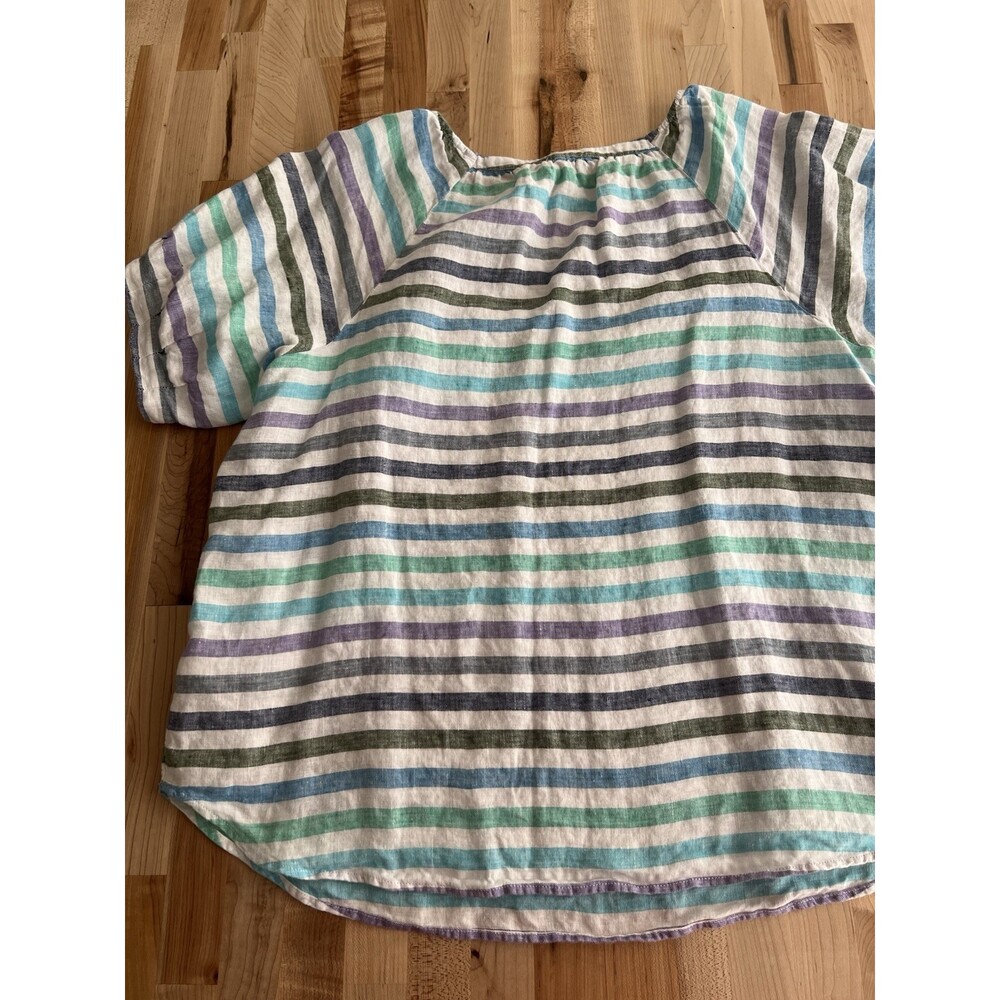 Talbots Puff Sleeve Split Neck Blouse 100% Linen Purple Blue Stripe XL - Picture 3 of 7